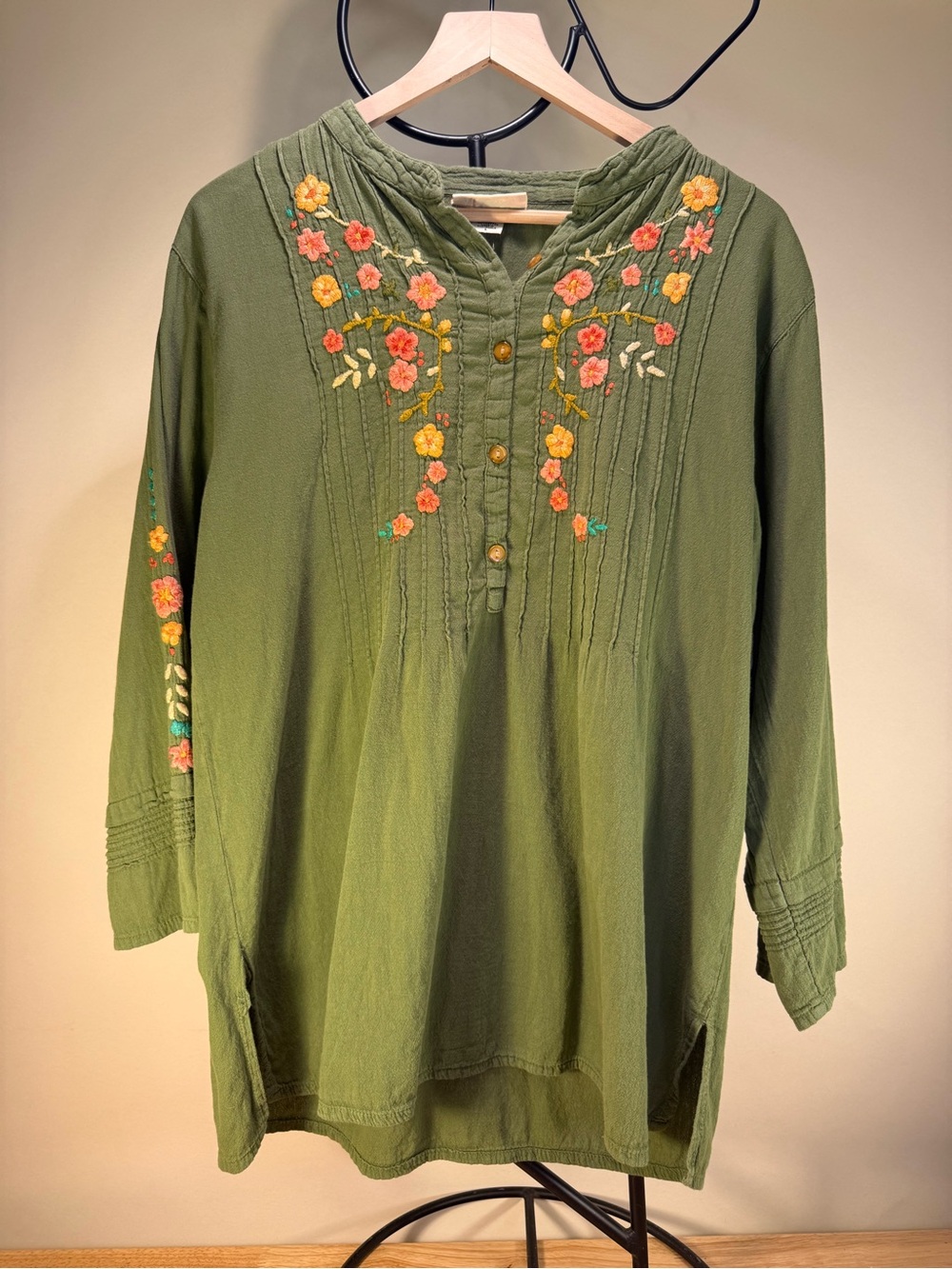 Embroidered Olive Green Women's Tunic Top